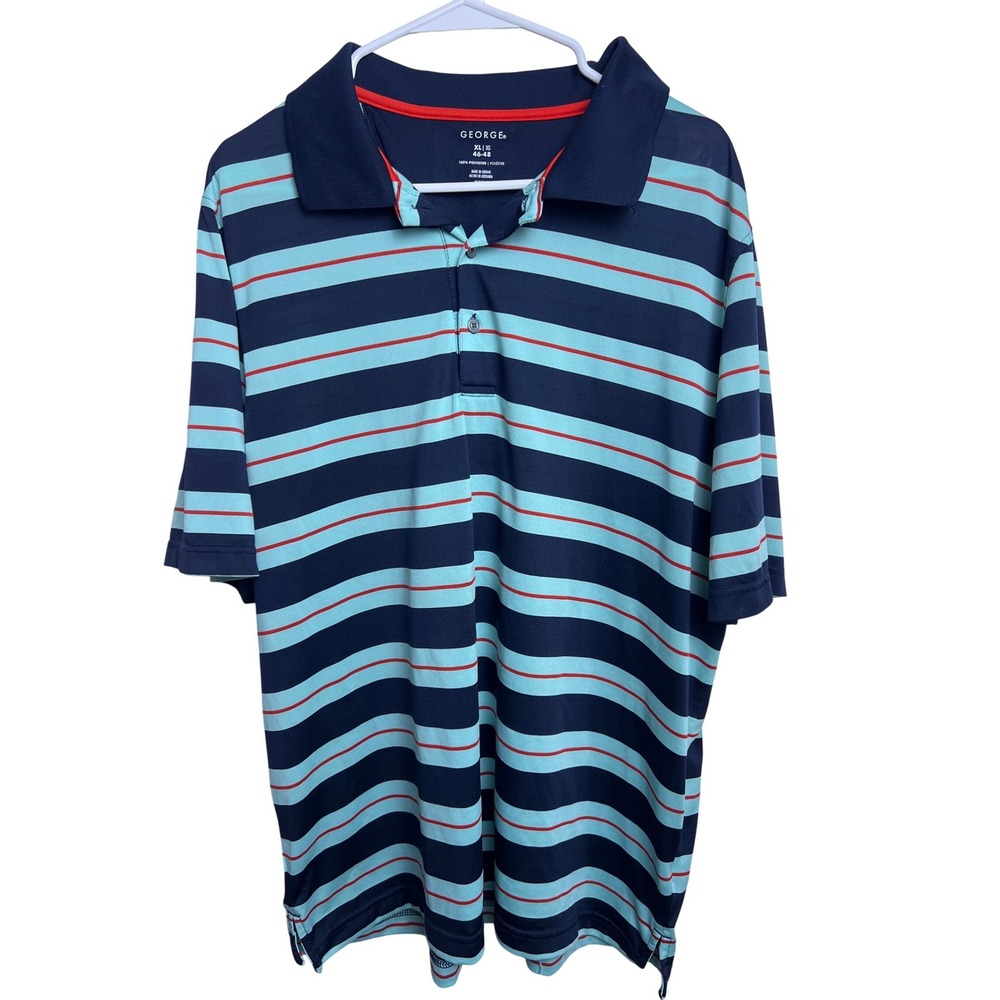 GEORGE Mens XL Navy Blue Aqua Red Stripe Short Sleeve Polo Shirt‎ 46-48 Golf